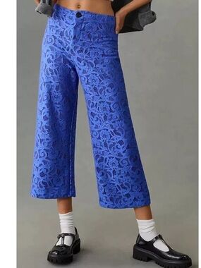 Maeve by Anthropologie The Colette Lace Cropped Wide-Leg Pants Blue Size 31
